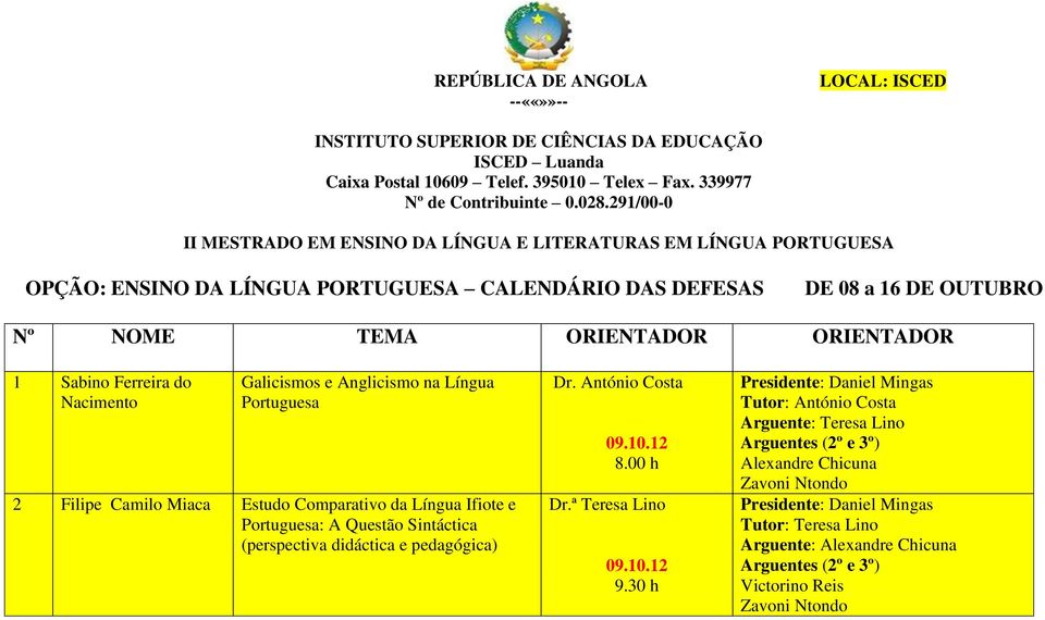 291/00-0 II MESTRADO EM ENSINO DA LÍNGUA E LITERATURAS EM LÍNGUA PORTUGUESA OPÇÃO: ENSINO DA LÍNGUA PORTUGUESA CALENDÁRIO DAS DEFESAS DE 08 a 16 DE OUTUBRO