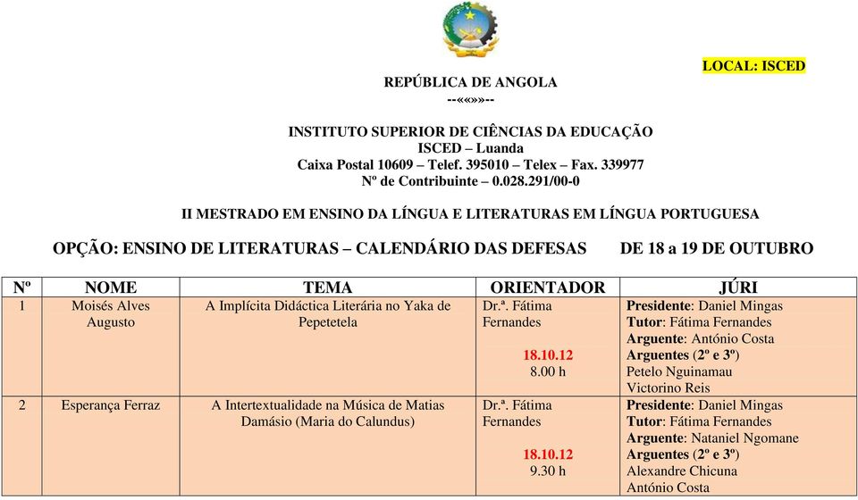 ORIENTADOR JÚRI 1 Moisés Alves Augusto A Implícita Didáctica Literária no Yaka de Pepetetela 2 Esperança Ferraz A Intertextualidade na Música de Matias Damásio (Maria do