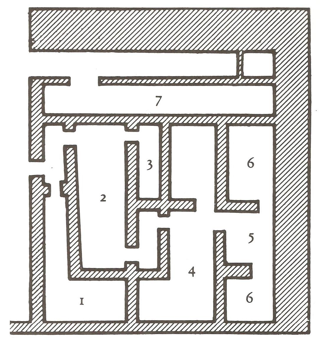 1 entrada, 2 átrio, 3 dispensa, 4 sala, 5 vestúbulo, 6 quarto e 7