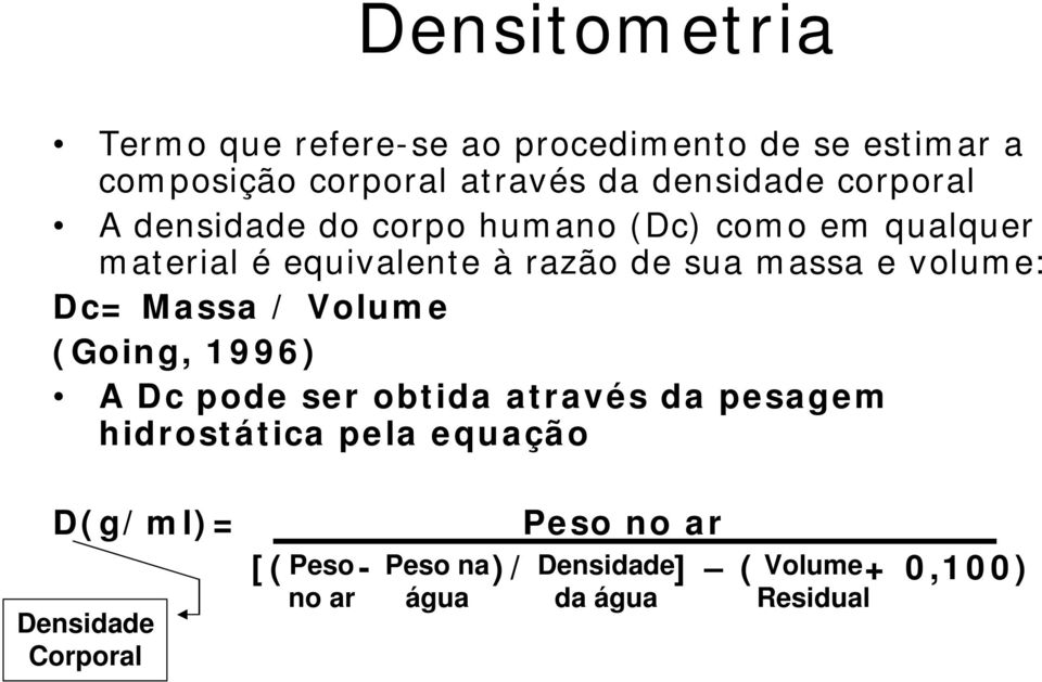 volume: Dc= Massa / Volume (Going, 1996) A Dc pode ser obtida através da pesagem hidrostática pela equação
