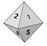 Exercícios Complementares 42. O dado da figura tem a forma de um octaedro regular. As suas 8 faces triangulares estão numeradas de 1 a 8 e têm igual probabilidade de saírem, quando se lança o dado.