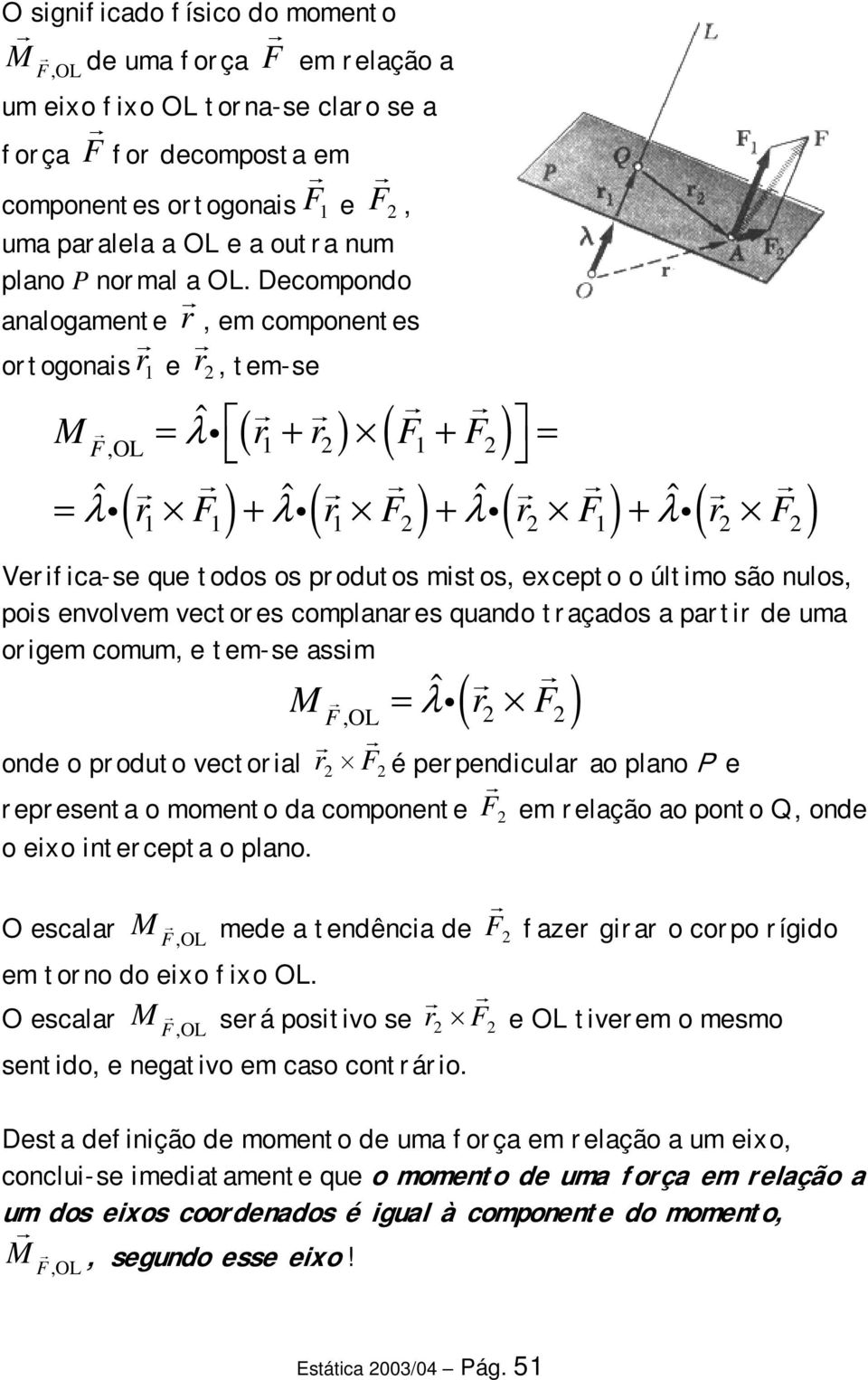 mstos, excepto o últmo são nulos, pos envolvem vectores complanares quando traçados a partr de uma orgem comum, e tem-se assm M ˆ = l r ( 2 2),OL onde o produto vectoral r 2 2 é perpendcular ao plano