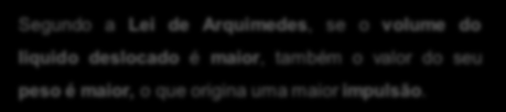 diferença entre os valores dos pesos real e aparente ( I = P real P aparente ), é igual ao valor do peso do volume de água que foi deslocado pelo corpo.