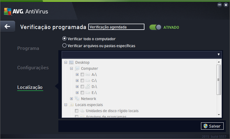 10.4.3. Localização Na guia Localização, você pode definir se deseja programar a verificação de todo o computador ou a verificação de arquivos e pastas.