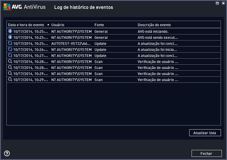 13.6. Histórico de Eventos O diálogo de Histórico de eventos é acessado através do item de menu Opções / Histórico / Histórico de eventos na linha superior de navegação da janela principal do AVG
