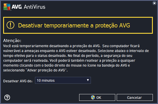 Como desativar a proteção do AVG Marque a caixa de seleção Desativar temporariamente a proteção AVG e confirme sua opção, pressionando o botão Aplicar.