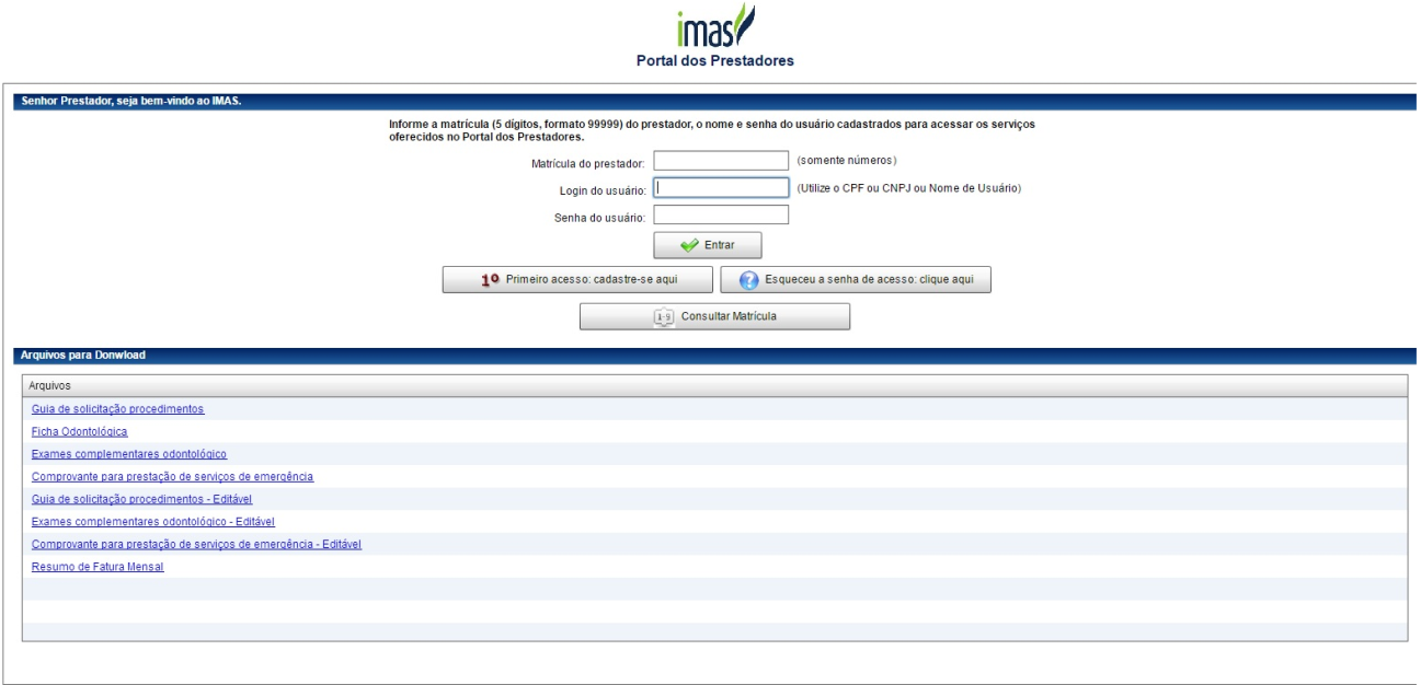 Ao clicar no link NOVO o site irá direcionar para uma nova página de acesso ao portal dos prestadores do IMAS Goiânia, como mostra a figura abaixo: