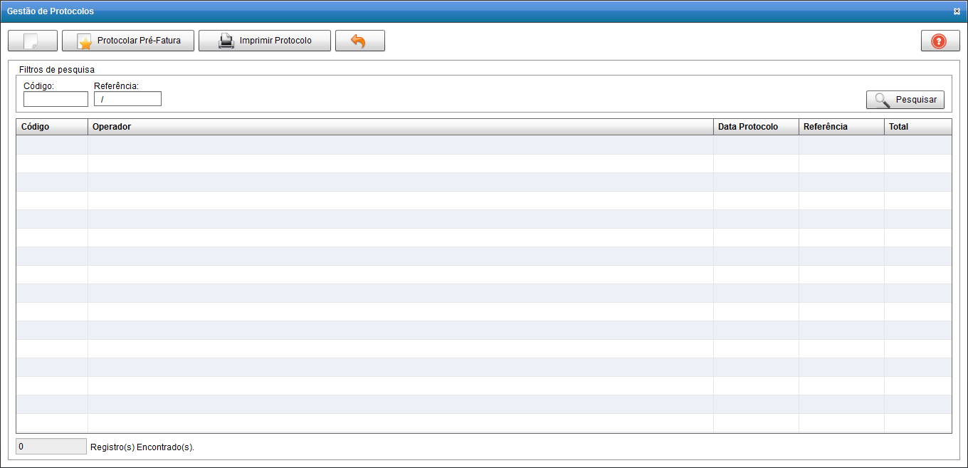 6.5.3 Gestão de protocolos A tela de gestão de protocolos está exibida abaixo: Nesta tela, o prestador visualiza todos os protocolos enviados anteriormente.
