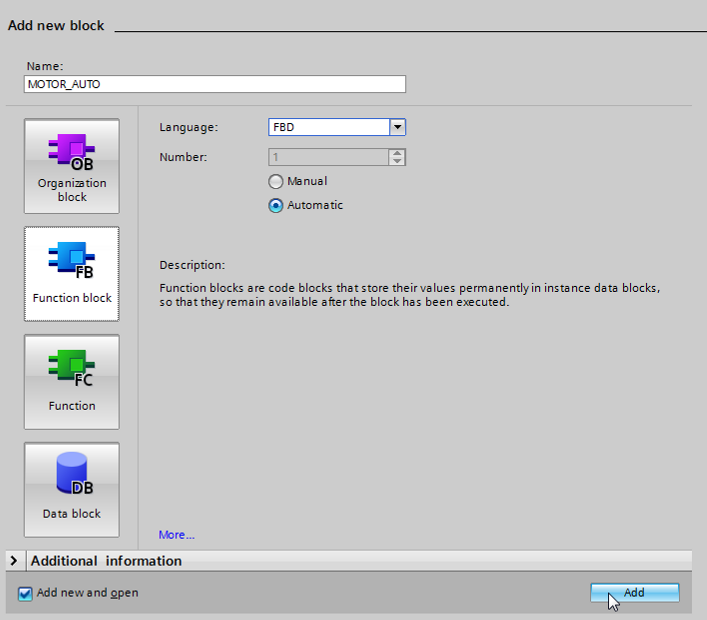Nomeie seu novo bloco com o nome: "MOTOR_AUTO", defina o idioma no FBD e deixe que o número seja atribuído automaticamente.