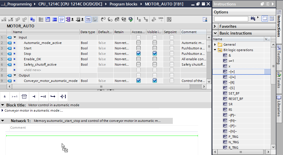 6.7 Programação do FB1: MOTOR_AUTO Abaixo da descrição de interface, você verá uma barra de ferramentas com funções de lógica diferente na janela de programação inclusive uma área de redes.