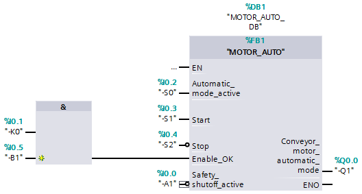 Adicione as outras variáveis de entrada "-S1", "-S2", "-K0", "-B1" e "-A1" e na saída "Conveyor_motor_automatic_mode" (Motor de correia_automático) a variável de saída "- Q1" (%A0.0).
