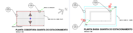 25. Edificação 13/15 Estacionamento e guarita Figura 39 Projeto SPDA estacionamento por método eletrogeométrico e detalhe do poste Trata-se de uma área aberta com bastante árvores em volta, o que é