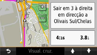 Ver a próxima curva Ao navegar uma rota automóvel, são apresentadas no canto superior esquerdo do mapa pré-visualizações da próxima curva, de faixa de rodagem ou outra manobra.