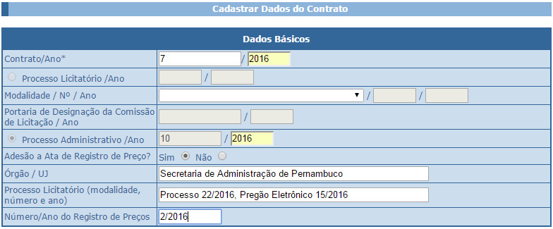 Caso seja selecionada a opção Processo Administrativo /Ano, o sistema habilita o campo Adesão a Ata de Registro de Preço? Este campo vem por padrão preenchido com a opção Não.