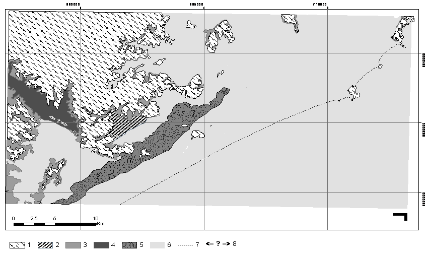 de ambientes lagunares na retro barreira destes depósitos marinhos (Figura 7). Este evento pode ser correlacionado ao sistema lagunabarreira III, no Estado do Rio Grande do Sul (VILLWOCK, 1984).