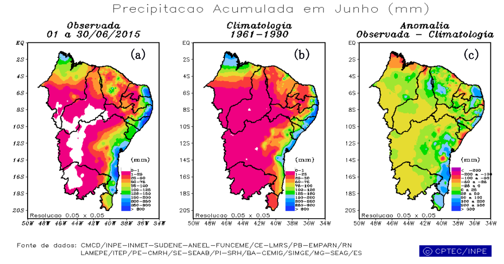 do litoral da Paraíba (PB) até o litoral norte de PE, e do litoral de SE até o litoral Norte da BA, houve deficit nos índices pluviométricos.