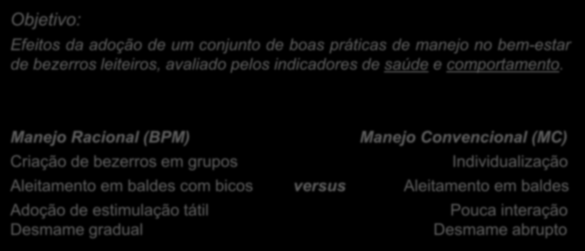 Investigar de forma integrada como adequações de manejo podem beneficiar o bem-estar dos bezerros Objetivo: Efeitos da adoção de um conjunto de boas práticas de manejo no bem-estar de bezerros