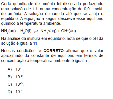 Sabendo-se que no equilíbrio o ph da solução é igual a 11 então o poh é igual a 3.