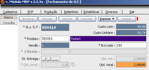 configurado para mostrar o custo do lote ou produto no encerramento da ordem de fabricação. Veja a figura abaixo uma ordem de fabricação demonstrando quanto custou o produto no encerramento desta OF.