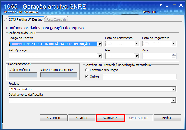 6.2 Marque na caixa Tipo do layout GNRE Online, e na Tipo de Recolhimento da Guia a opção ICMS Partilha UF Destino, preeencha os demais Parâmetros da tela conforme necessidade e clique o botão