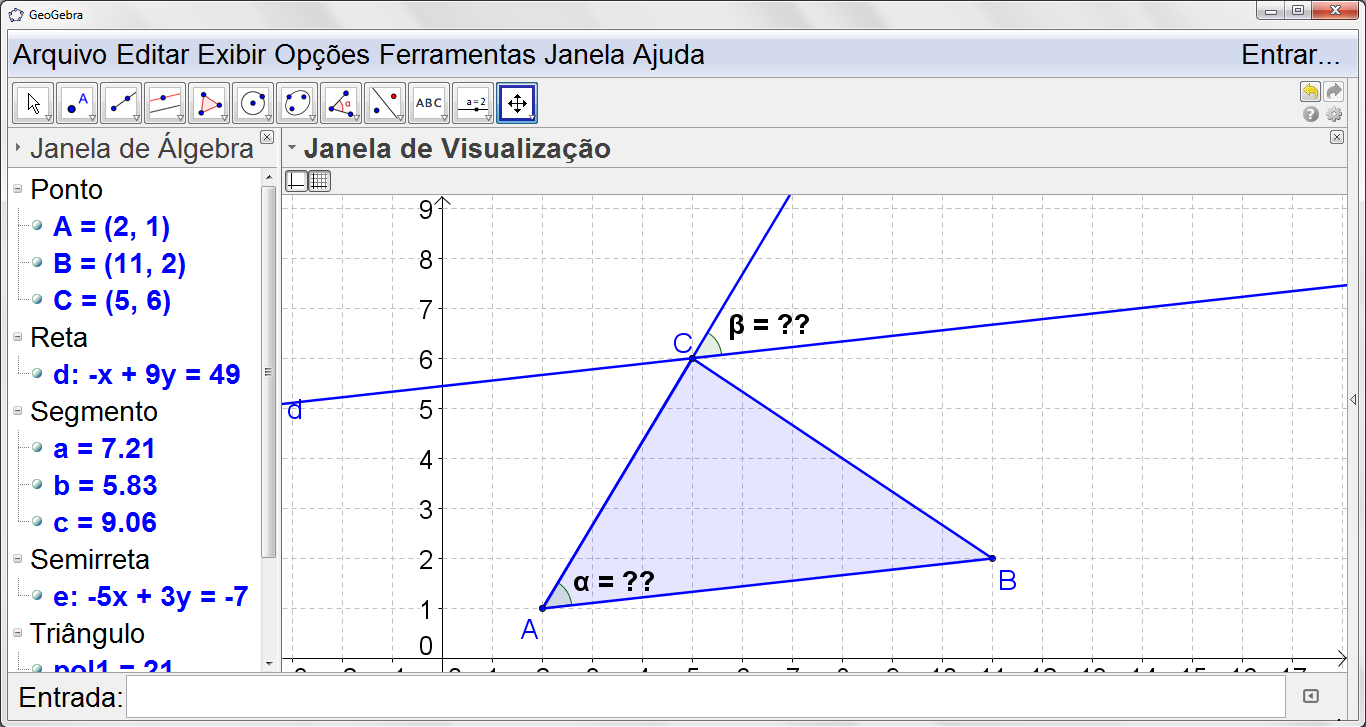 16 Figura 84 Exemplo do item d, atividade 2 e) Mova um dos vértices do triângulo ABC. O que podemos observar em relação aos ângulos? Registre todas as suas observações.