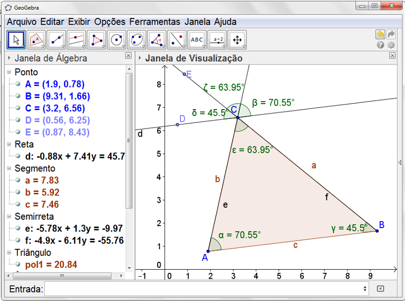 17 Figura 95 Exemplo dos itens f e g, atividade 2 h) Mova um dos vértices do triângulo ABC.