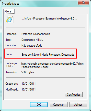 Configurações recomendadas do Internet Explorer: A URL de acesso ao Processor BI deve estar identificada como uma Zona Confiável (Trusted Sites) ou uma Zona de Intranet (Intranet Sites).