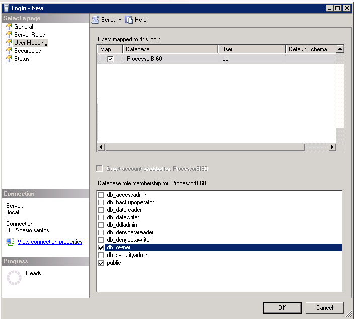 Criar um usuário e vincular um usuário de SQL a database processorbi60, conforme exemplo utilizado nas telas abaixo: O login e senha devem ser