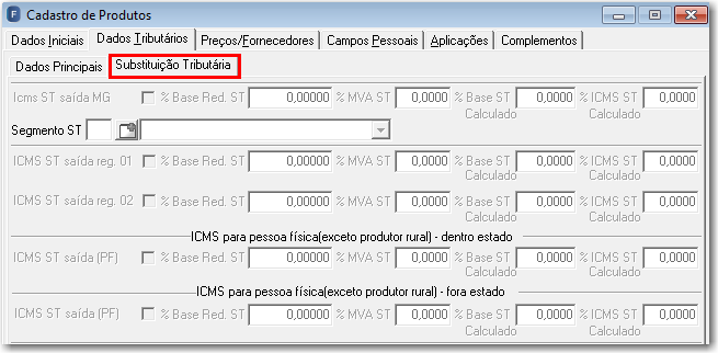 (Cadastros > Produtos > Produtos > Aba Dados Tributários > Aba Substituição Tributária) Observação: Para que o usuário possa informar