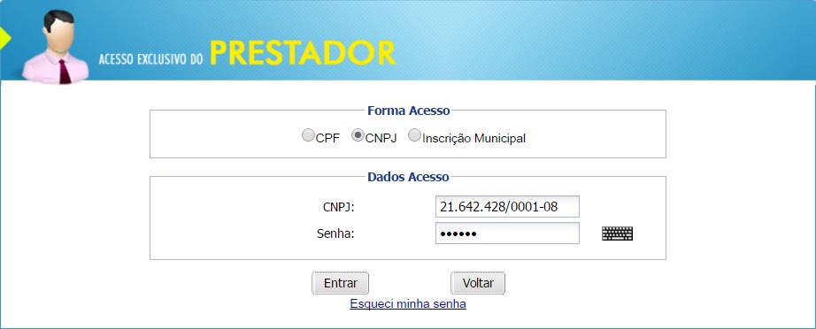 Acesso exclusivo prestador Opção destinada ao prestador de serviços, que poderá efetuar a emissão, consulta, substituição e cancelamento da NFS-e. Acesse o endereço: http://municipio.ginfes.com.