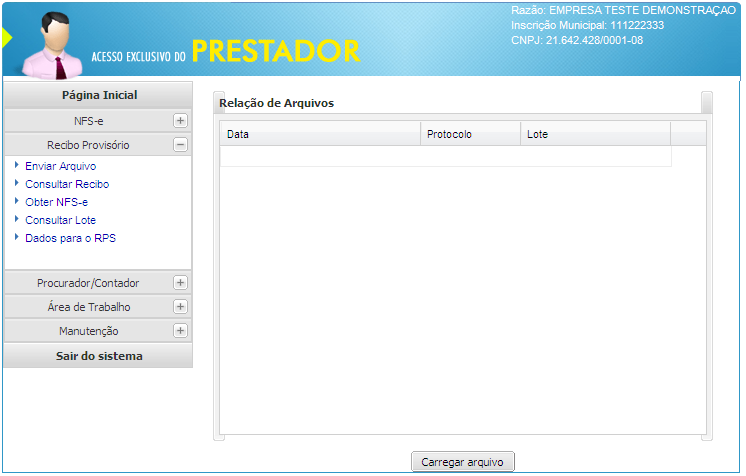 Enviar Arquivo Opção destinada à importação, processamento e validação de um arquivo contendo RPS emitido. A transformação do RPS para NFS-e dependerá desta validação.