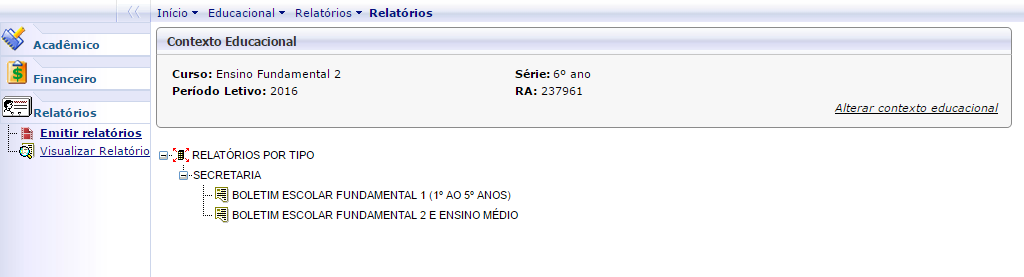 2.2. Acesso aos relatórios (Boletim) Obs: Funcionalidade disponível também para o aluno No menu inferior esquerdo, clique no ícone relatórios. 2.