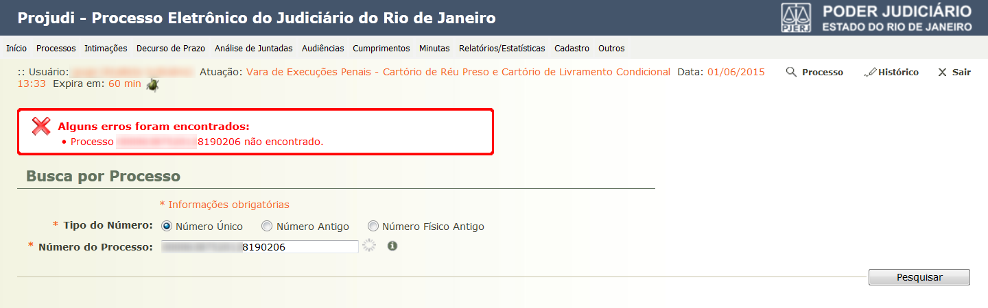 Se a busca localizar um processo, o retorno será conforme a tela abaixo: Figura 5 Tela com informações do processo.