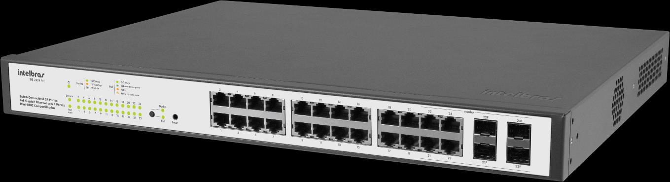 Switches SG 2404 PoE Switch gerenciável 24 portas Gigabit Ethernet PoE com 4 portas Mini-GBIC compartilhadas» 512 VLANs ativas e 4000 VLANs IDs» Backplane 48 Gbps» Suporte simultâneo aos padrões PoE