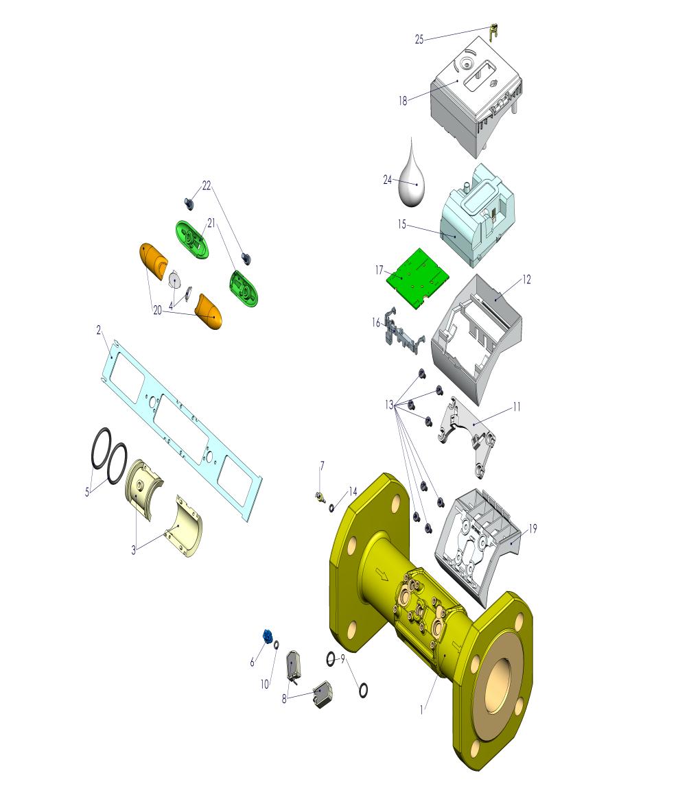 Materiais / partes 1. Corpo - latão 2. Membrana para fluxo direto termo plástico 3. Tubo de medição - latão 4. Defletores 5. O ring parte hidráulica 6. Fixador da câmara de medição 7.