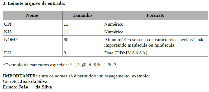 Novidades Ambiente de Qualificação Cadastral Lote O arquivo não pode ter nenhuma acentuação no Nome? R: Não.