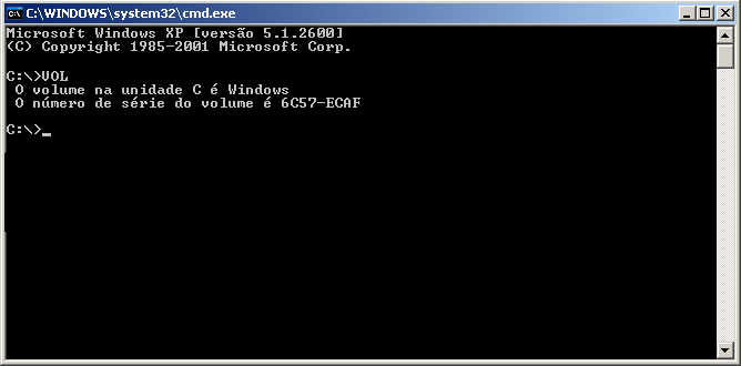 2) Ao clicar em OK será aberta uma tela do DOS: 3) Digite o comando VOL e tecle ENTER.