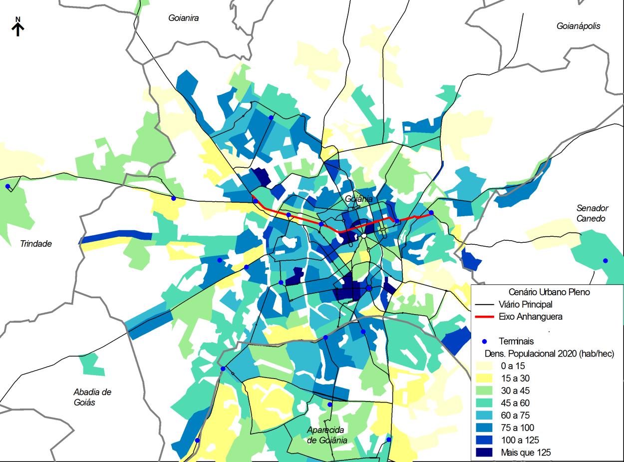 Figura 2-1: Densidade populacional em Goiânia e áreas conurbadas em 2010 por zona de tráfego Figura 2-3: Densidade populacional em Goiânia e áreas conurbadas em 2020 por zona de tráfego Figura