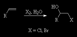 Reação 6. Adição Eletrofílica de halogênios (X 2 ) a alcenos. Br 2, Cl 2 em CCl 4 ou AcOH) Temperatura ambiente Adição eletrofílica Intermediário bromônio ou íon clorônio Adição anti Reação 7.