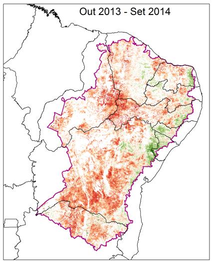 Figura 4 - Percentual de anomalia de VSWI para os anos hidrológicos 2010-2011, 2011-2012, 2012 2013, 2013-2014.