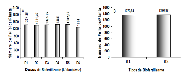 Com relação aos efeitos dos tipos de biofertilizante (Figura 1B), observa-se que os valores de número de folíolos por folha foram muito aproximados nos dois tipos de biofertilizante estudados, com