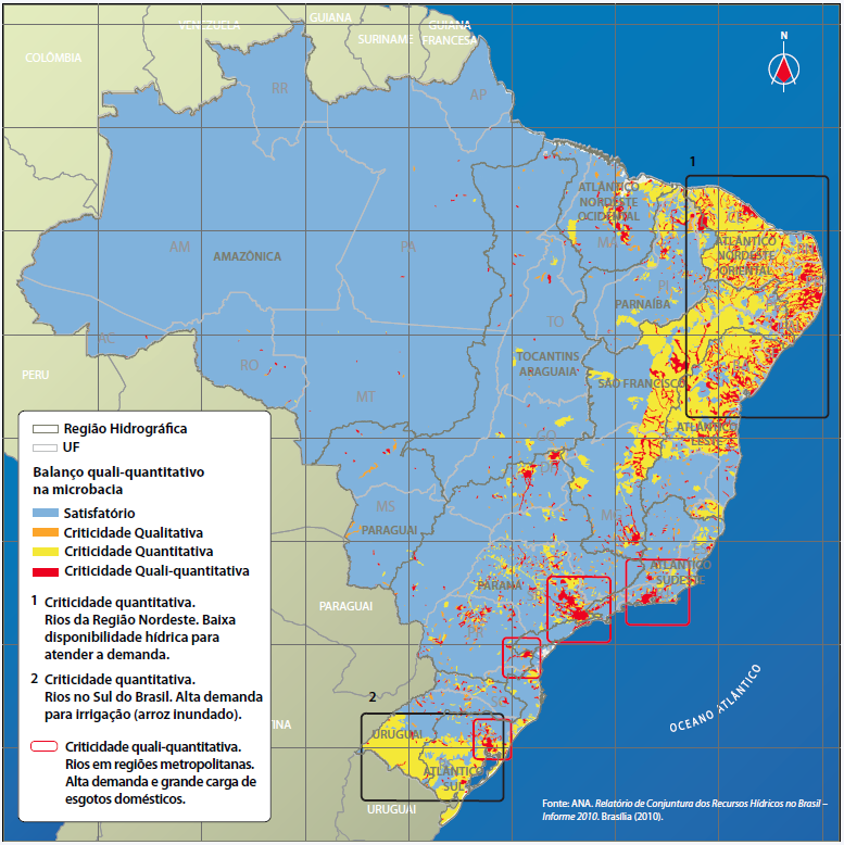 Figura 4: Bacias críticas brasileiras segundo os aspectos de qualidade e quantidade Fonte: Conjuntura de Recursos Hídricos no Brasil, Agência Nacional de Águas, 2013.