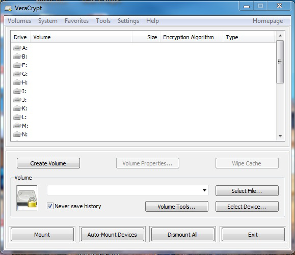 3. Das formas básicas de emprego A tela inicial do software Veracrypt é apresentada na figura 1. Figura 1 Tela inicial do VeraCrypt O programa é dividido em diferentes abas e botões de acesso rápido.