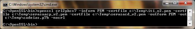 Para gerar um arquivo instalável de cadeias tipo p7b Abra cada cadeia num editor de texto e salve-os com a extensão.pem ou siga a próxima instrução.