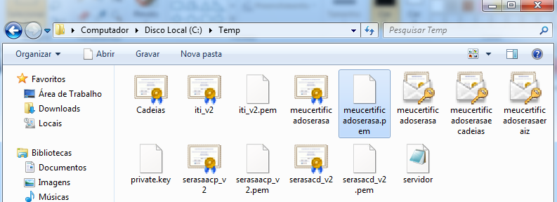 pem -outform PEM -out c:\temp\cadeias.p7b nocrl Para gerar um arquivo PEM Converter o formato certificado.cer para certificado.