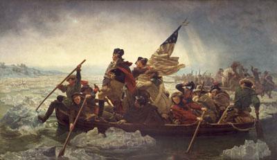 A pintura abaixo mostra George Washington e sua expedição cruzando o rio Delaware.