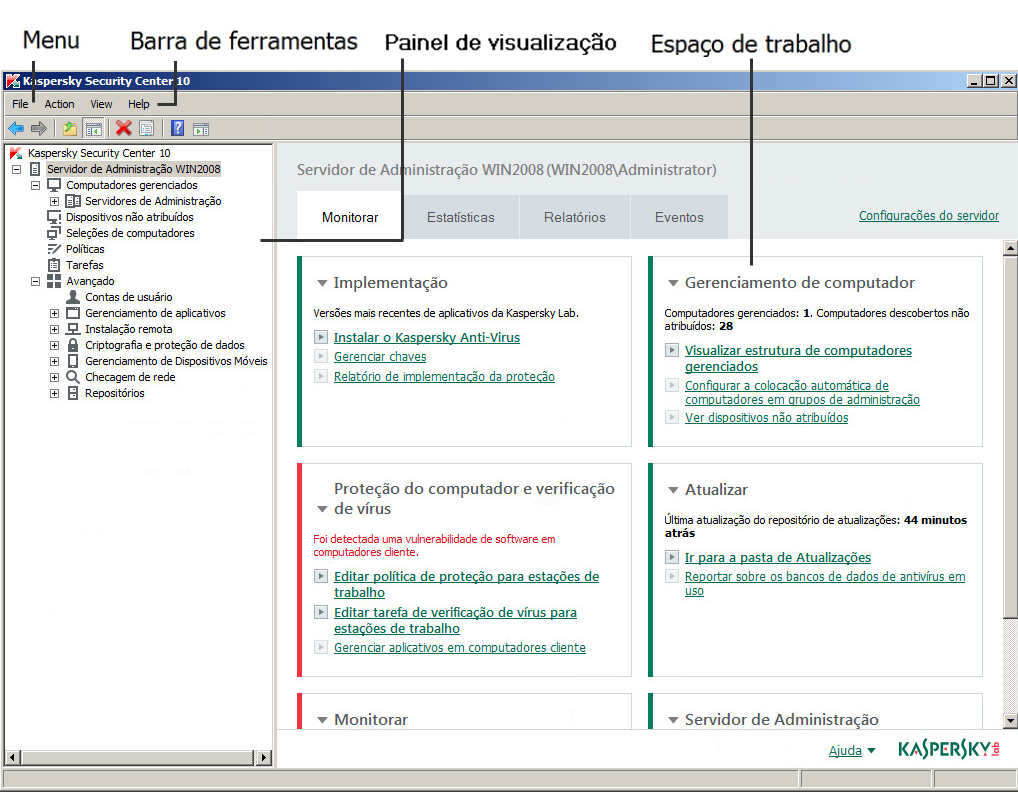 A aparência do espaço de trabalho da janela principal depende do nó (pasta) da árvore do console ao qual ele está associado e