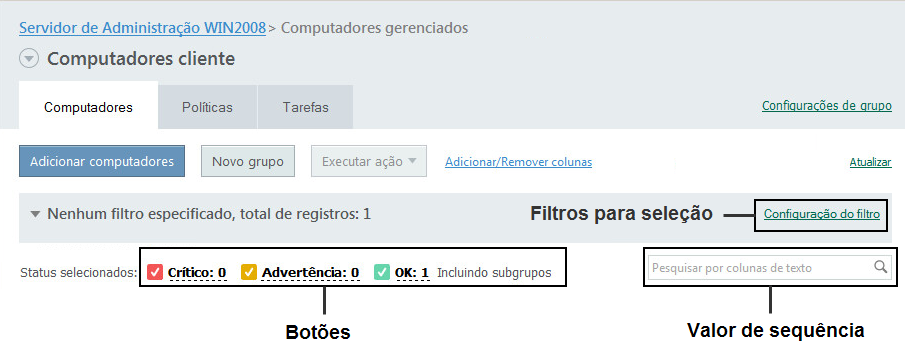 O bloco de filtragem pode conter um campo de pesquisa, um filtro e botões (veja a imagem abaixo).