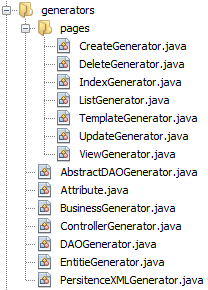 28 Figura 3.5 - Geradores presentes na ferramenta. Além disso, o arquivo DAOGenerator.java gera classes de acesso a dados, o arquivo EntitieGenerator.