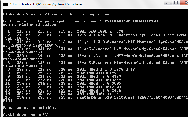 42 Figura 4.9 - Ping para o site uol em IPv6 Fonte: Elaborada pelos autores Figura 4.10 - Tracert observando o trajeto do Túnel Fonte: Elaborada pelos autores 4.3.